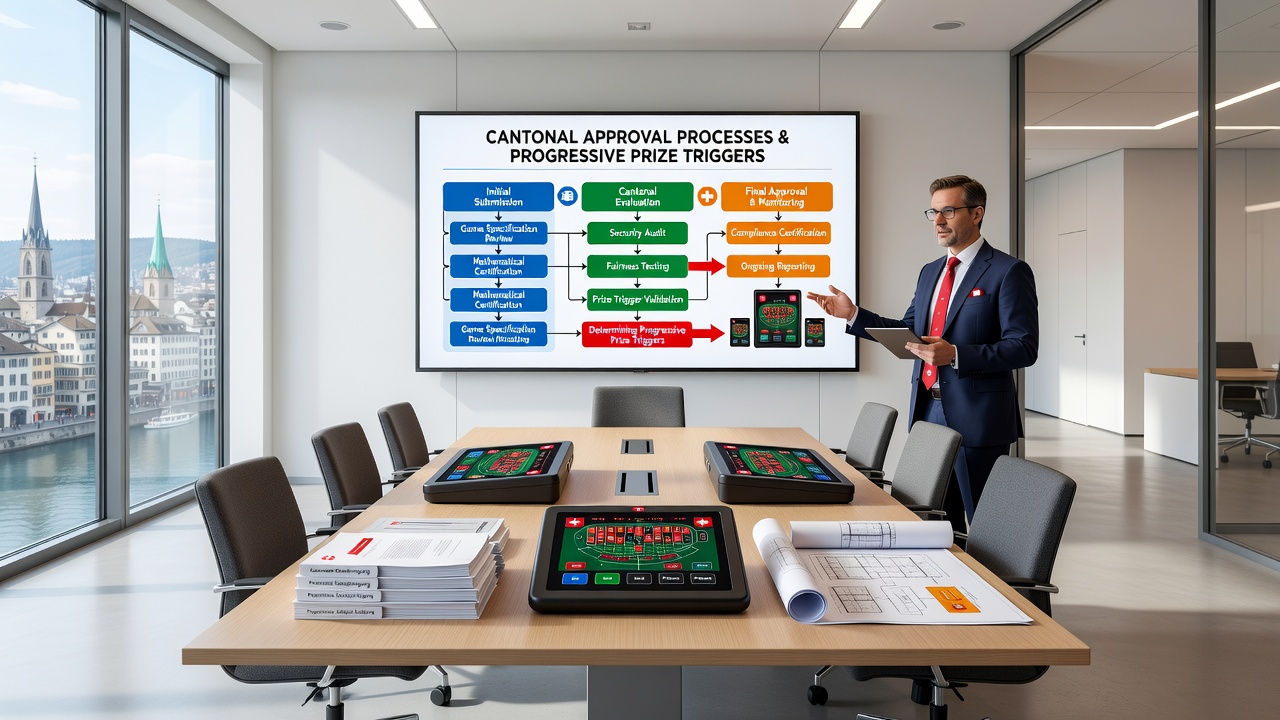 Technical review meeting where cantonal specialists examine progressive jackpot algorithms for Swiss handheld table games